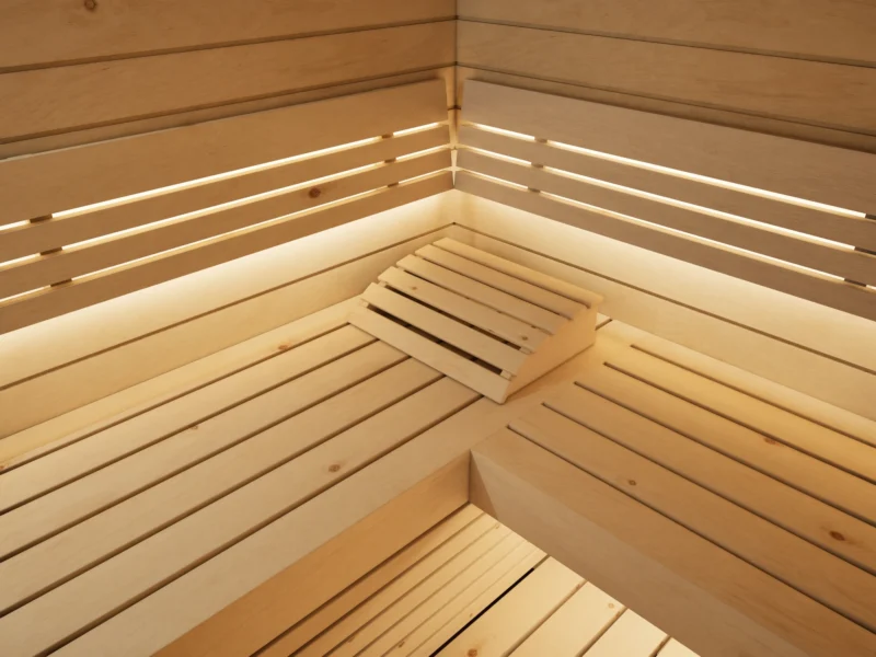 Eckbank mit gewölbter Kopfstütze in der Sauna Venus Glaselement bodentief Profilholz Zirbe