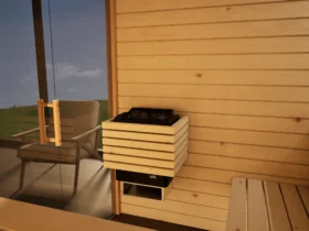 Saunaofen mit Steinen in der Sauna Venus Glaselement bodentief Profilholz Zirbe
