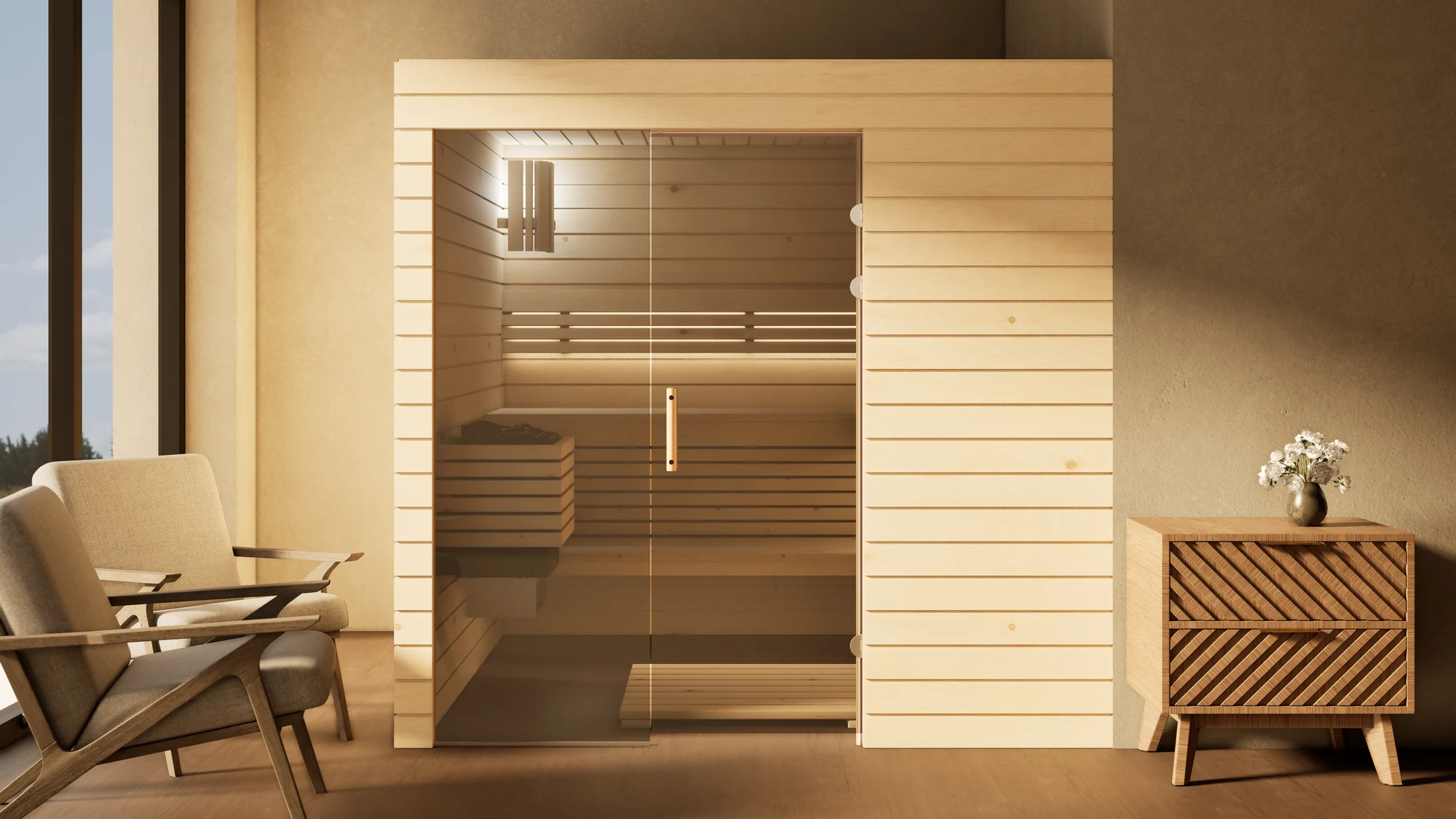 Sauna Venus Glaselement bodentief Profilholz Zirbe im Wohnraum vor der Fensterfront