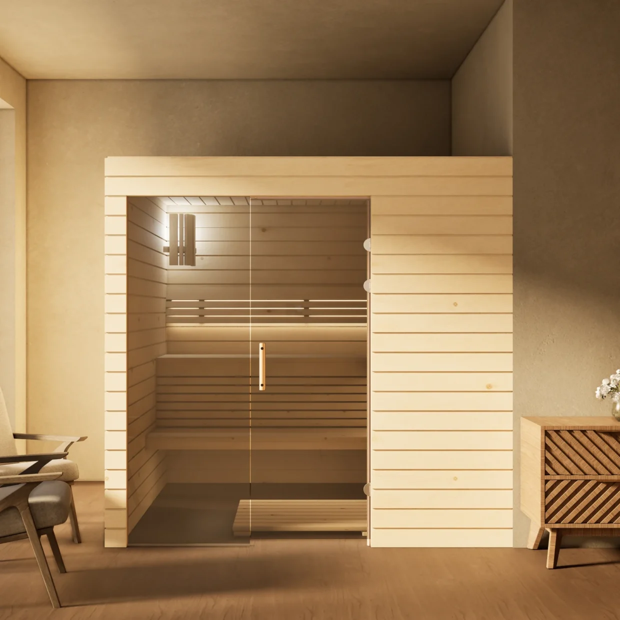 Sauna Venus Glaselement bodentief Profilholz Zirbe im Wohnraum, Gesamtansicht, Kabine ohne Saunaofen
