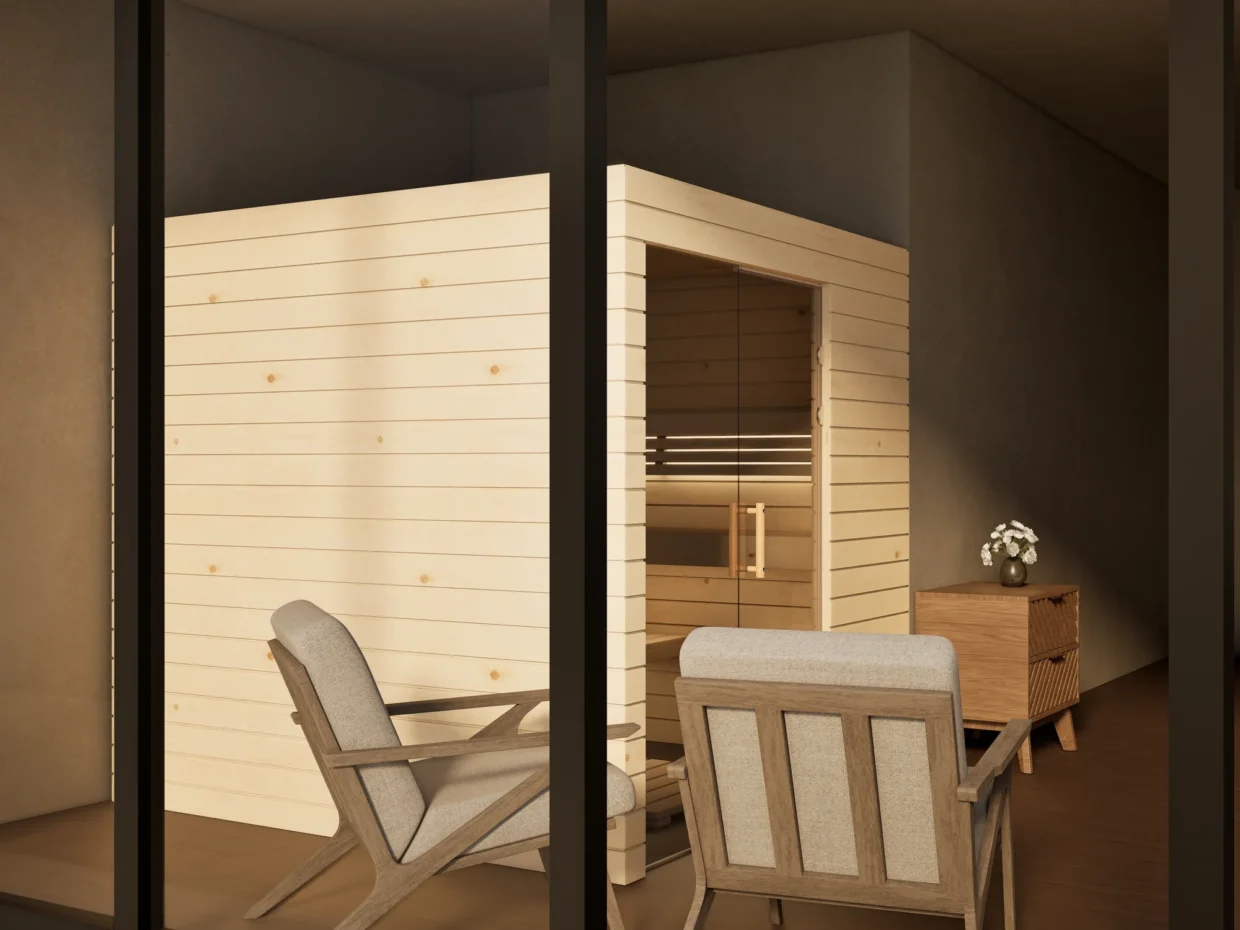 Sauna Venus Glaselement bodentief Profilholz Zirbe von der Seite, Kabine ohne Saunaofen