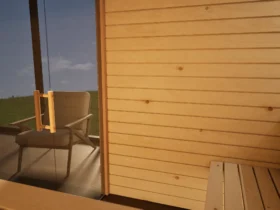 Innenraum der Sauna Venus Glaselement bodentief Profilholz Zirbe mit freiem Ofenplatz
