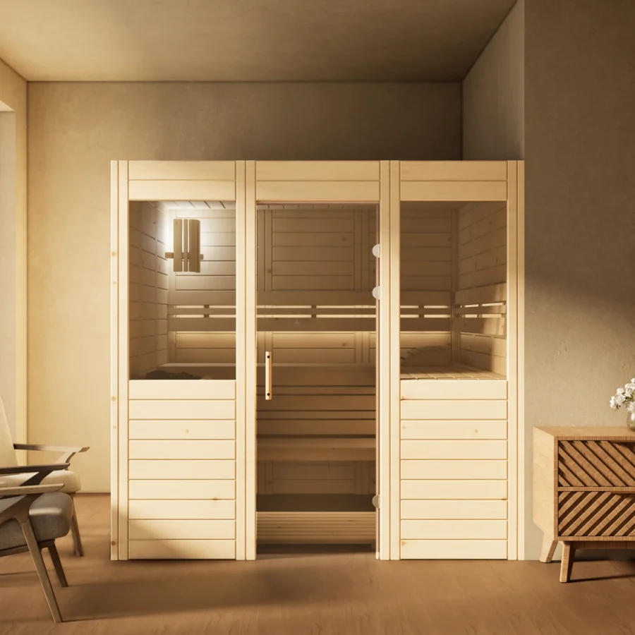 Sauna Venus 2 Fenster Massivholz Zirbe im Wohnraum, Gesamtansicht