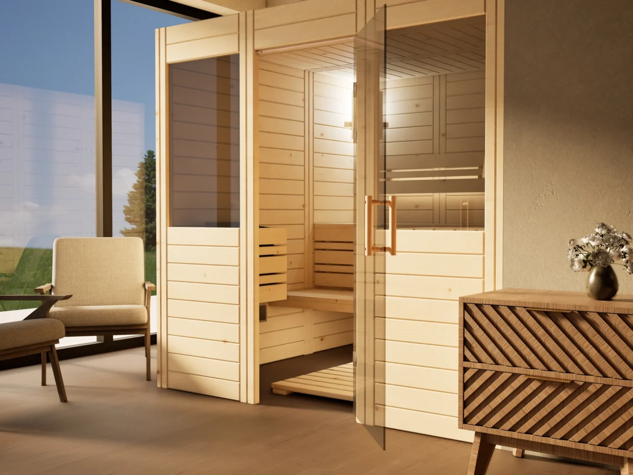 Sauna Venus 2 Fenster Massivholz Zirbe mit geöffneter Glastür