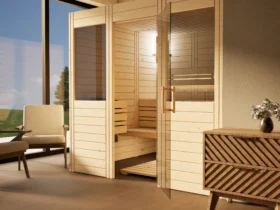 Sauna Venus 2 Fenster Massivholz Zirbe mit geöffneter Glastür