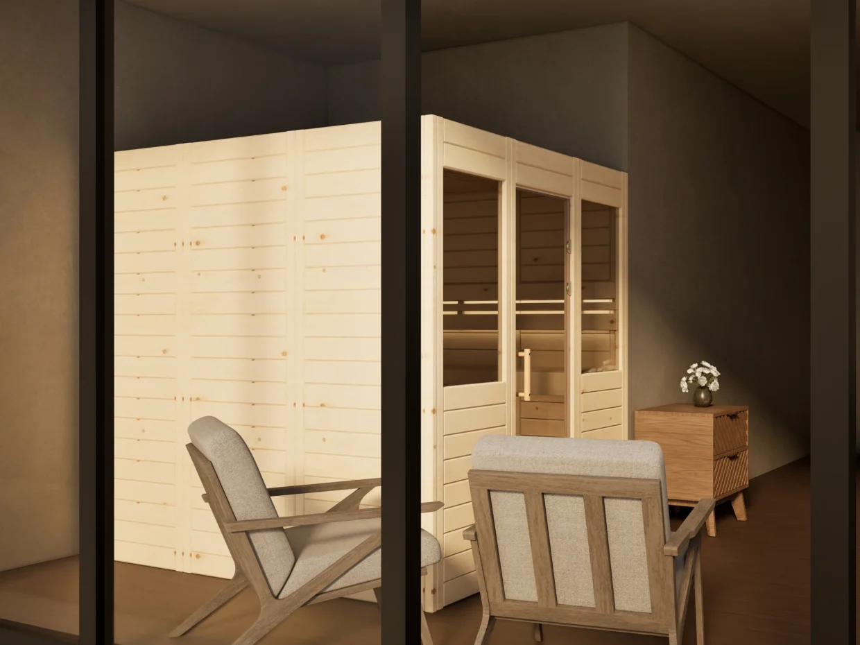 Sauna Venus 2 Fenster Massivholz Zirbe von der Seite im Wohnraum