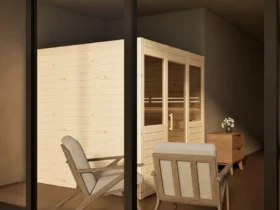 Sauna Venus 2 Fenster Massivholz Zirbe von der Seite im Wohnraum