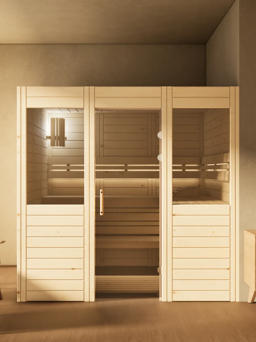 Sauna Venus 2 Fenster Massivholz Zirbe im Wohnraum, Gesamtansicht, Kabine ohne Saunaofen