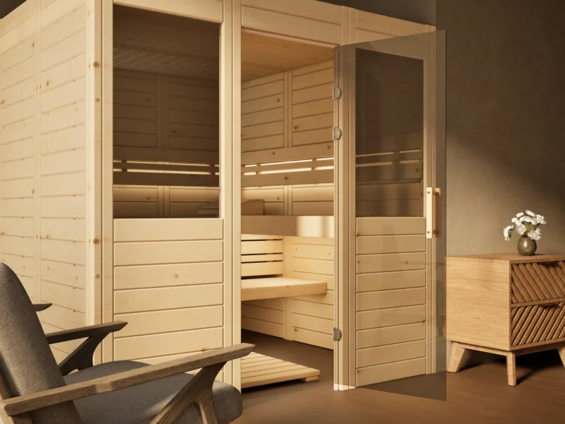 Sauna Venus 2 Fenster Massivholz Zirbe, Glastür mit Bändern, Kabine ohne Saunaofen