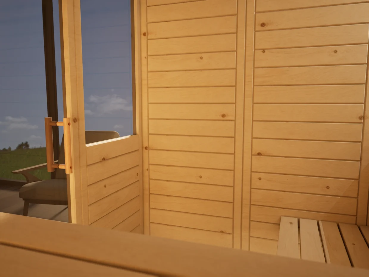 Innenraum der Sauna Venus 2 Fenster Massivholz Zirbe mit freiem Ofenplatz