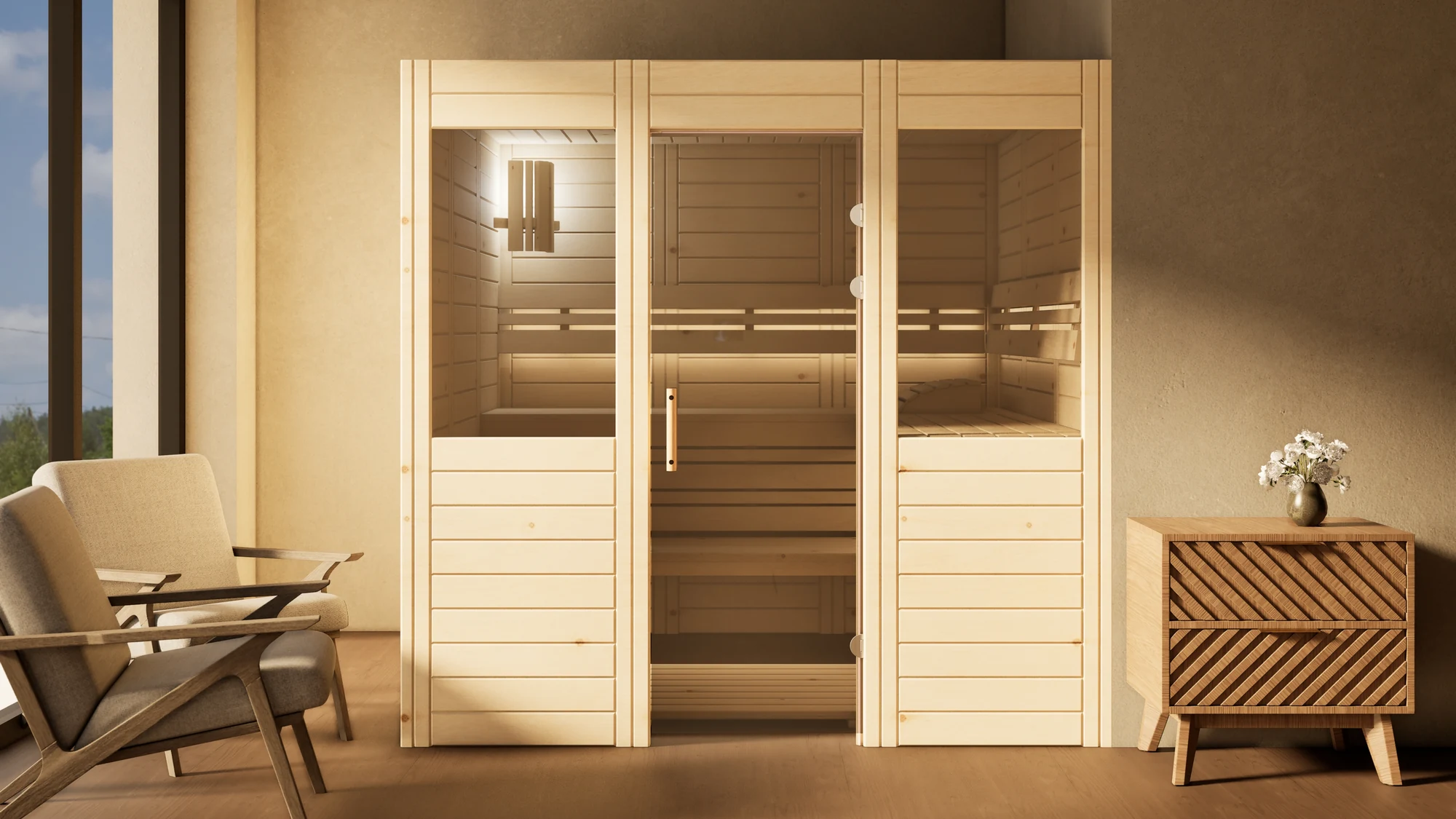 Sauna Venus 2 Fenster Massivholz Zirbe im Wohnraum vor der Fensterfront