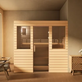 Sauna Venus 2 Fenster Profilholz Erle im Wohnraum, Gesamtansicht