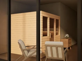 Sauna Venus 2 Fenster Profilholz Erle von der Seite im Wohnraum