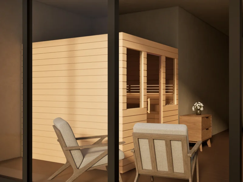 Sauna Venus 2 Fenster Profilholz Erle von der Seite im Wohnraum