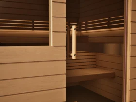 Klarglastür mit Holzgriff an der Sauna Venus 2 Fenster Profilholz Erle