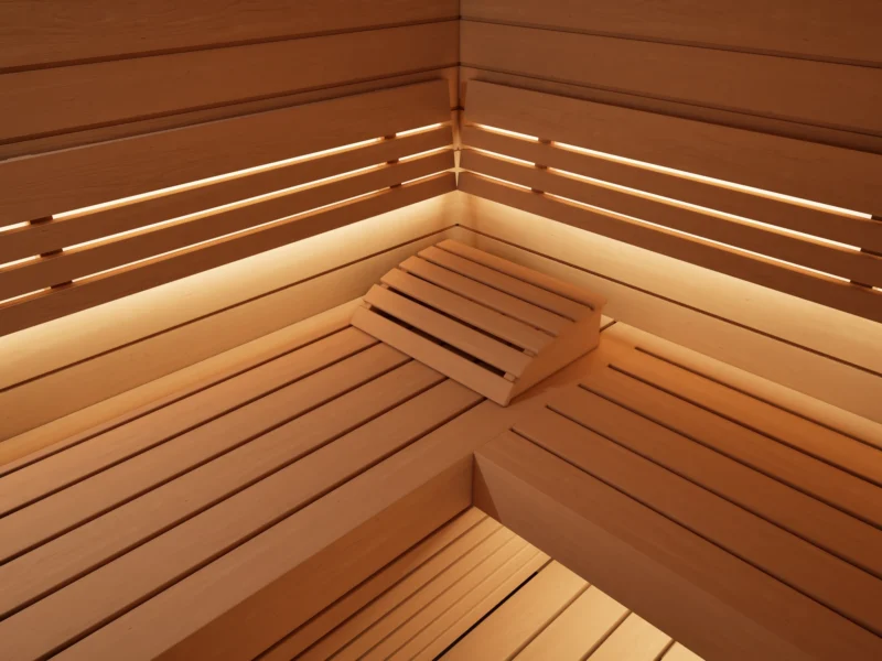 Eckbank mit gewölbter Kopfstütze in der Sauna Venus 2 Fenster Profilholz Erle