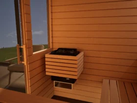 Saunaofen mit Steinen in der Sauna Venus 2 Fenster Profilholz Erle