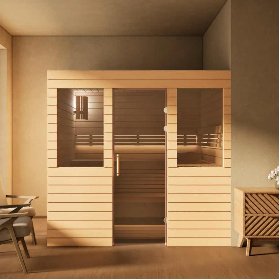 Sauna Venus 2 Fenster Profilholz Erle im Wohnraum, Gesamtansicht, Kabine ohne Saunaofen
