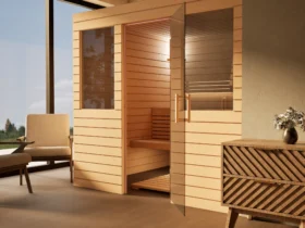 Sauna Venus 2 Fenster Profilholz Erle mit geöffneter Glastür, Kabine ohne Saunaofen
