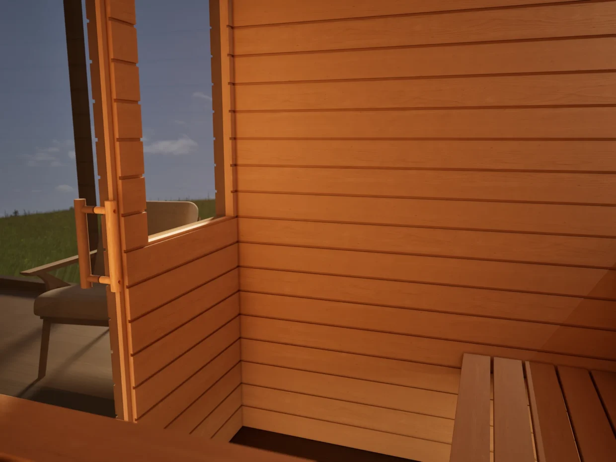 Innenraum der Sauna Venus 2 Fenster Profilholz Erle mit freiem Ofenplatz