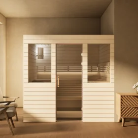 Sauna Venus 2 Fenster Profilholz Linde im Wohnraum, Gesamtansicht
