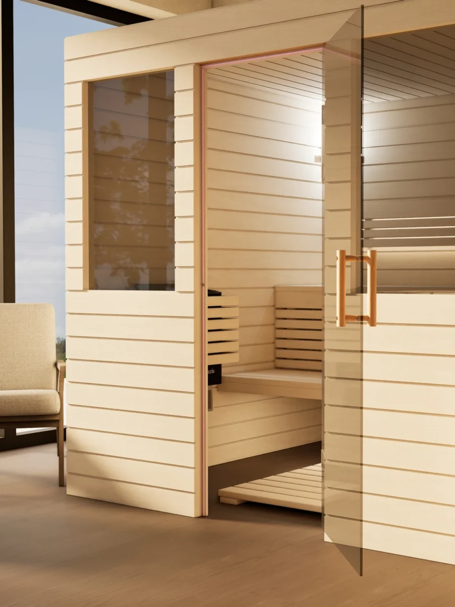 Sauna Venus 2 Fenster Profilholz Linde mit geöffneter Glastür