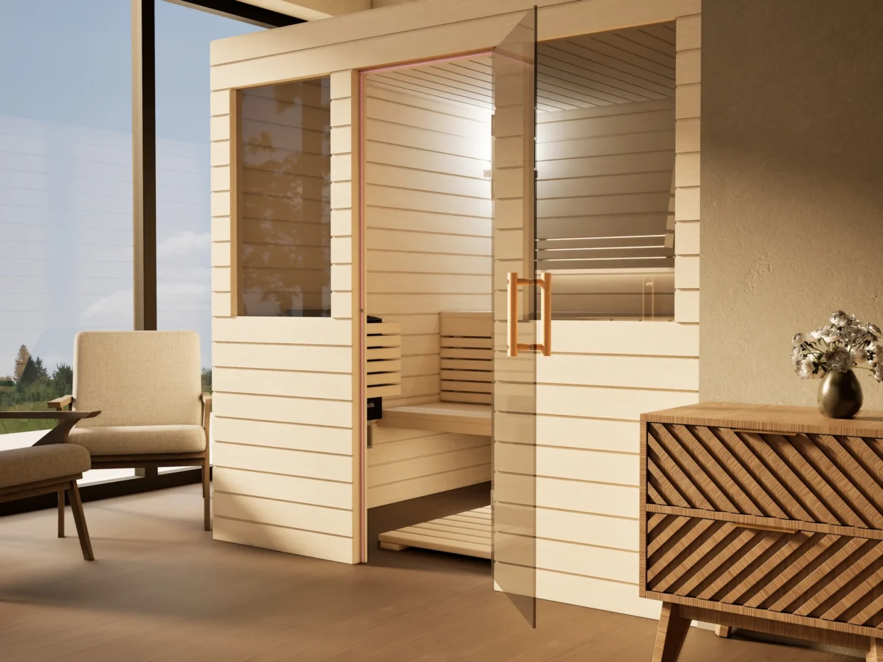 Sauna Venus 2 Fenster Profilholz Linde mit geöffneter Glastür