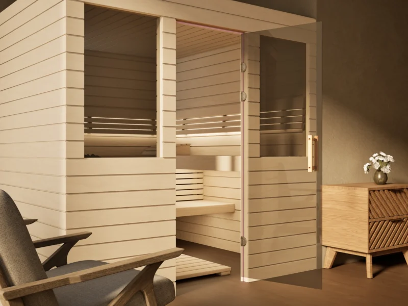 Sauna Venus 2 Fenster Profilholz Linde, Glastür mit Bändern und Holzgriff
