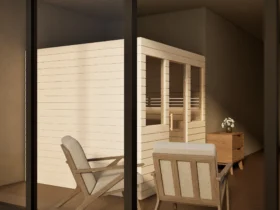 Sauna Venus 2 Fenster Profilholz Linde von der Seite im Wohnraum
