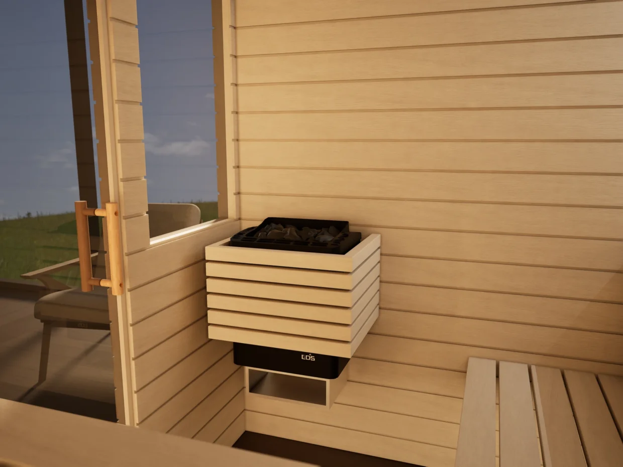 Saunaofen mit Steinen in der Sauna Venus 2 Fenster Profilholz Linde