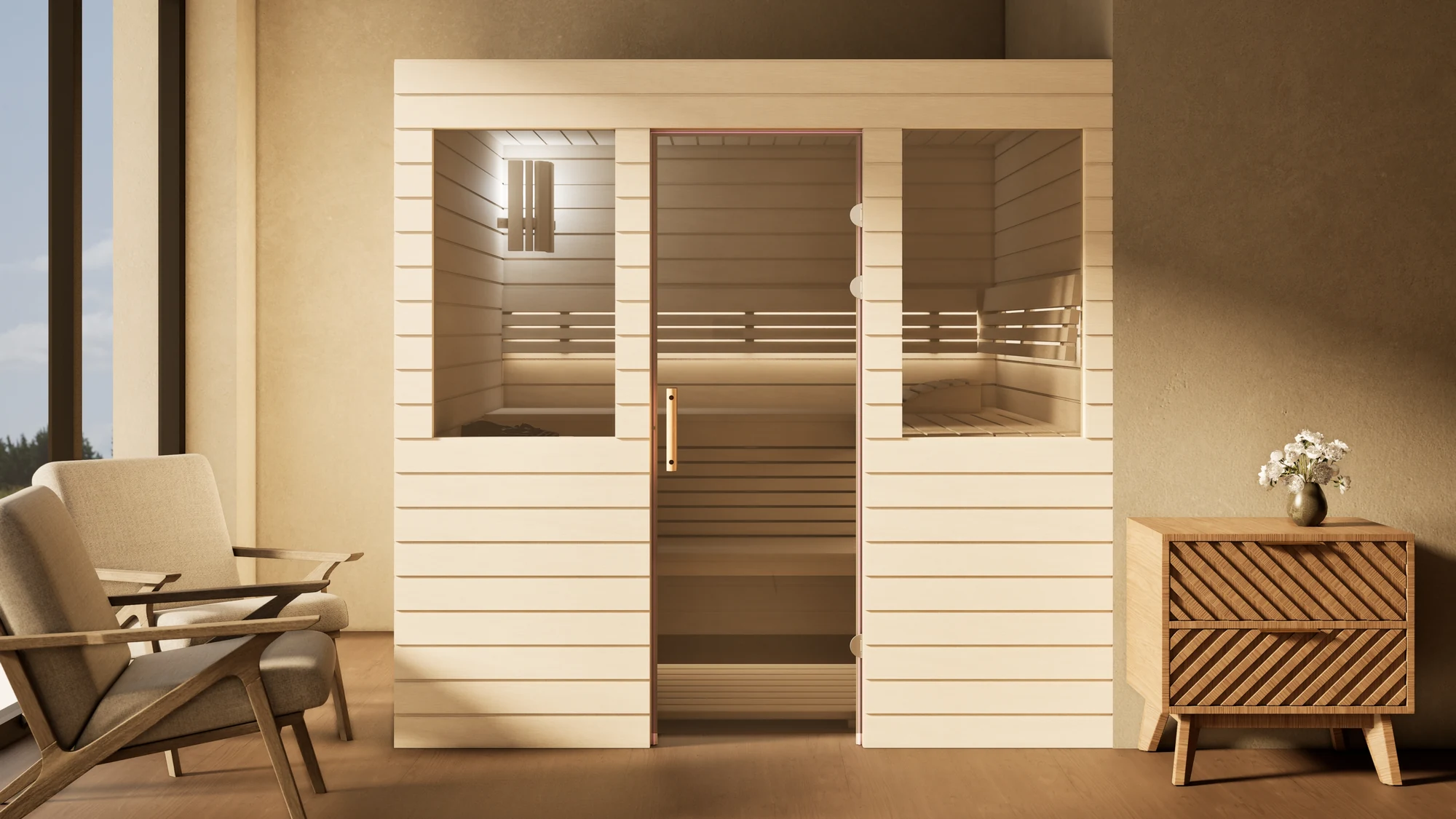 Sauna Venus 2 Fenster Profilholz Linde im Wohnraum vor der Fensterfront