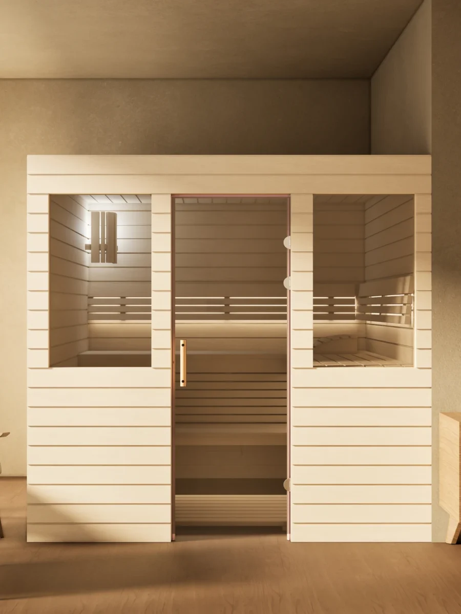 Sauna Venus 2 Fenster Profilholz Linde im Wohnraum, Gesamtansicht, Kabine ohne Saunaofen