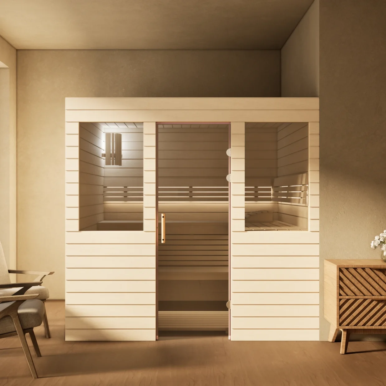 Sauna Venus 2 Fenster Profilholz Linde im Wohnraum, Gesamtansicht, Kabine ohne Saunaofen