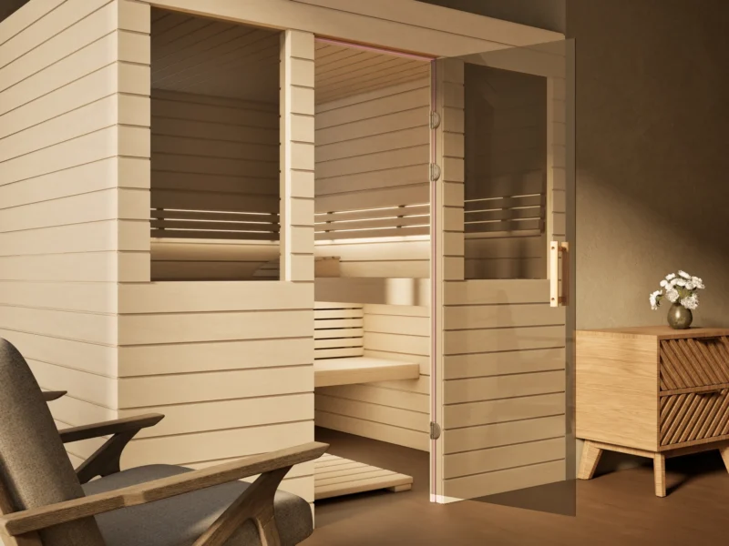 Sauna Venus 2 Fenster Profilholz Linde, Glastür mit Bändern, Kabine ohne Saunaofen