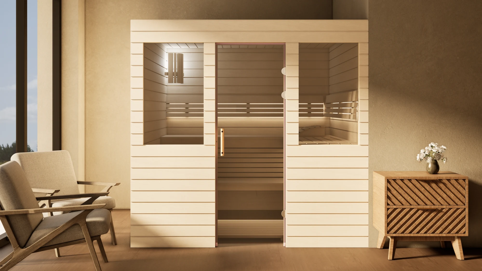 Sauna Venus 2 Fenster Profilholz Linde im Wohnraum vor der Fensterfront