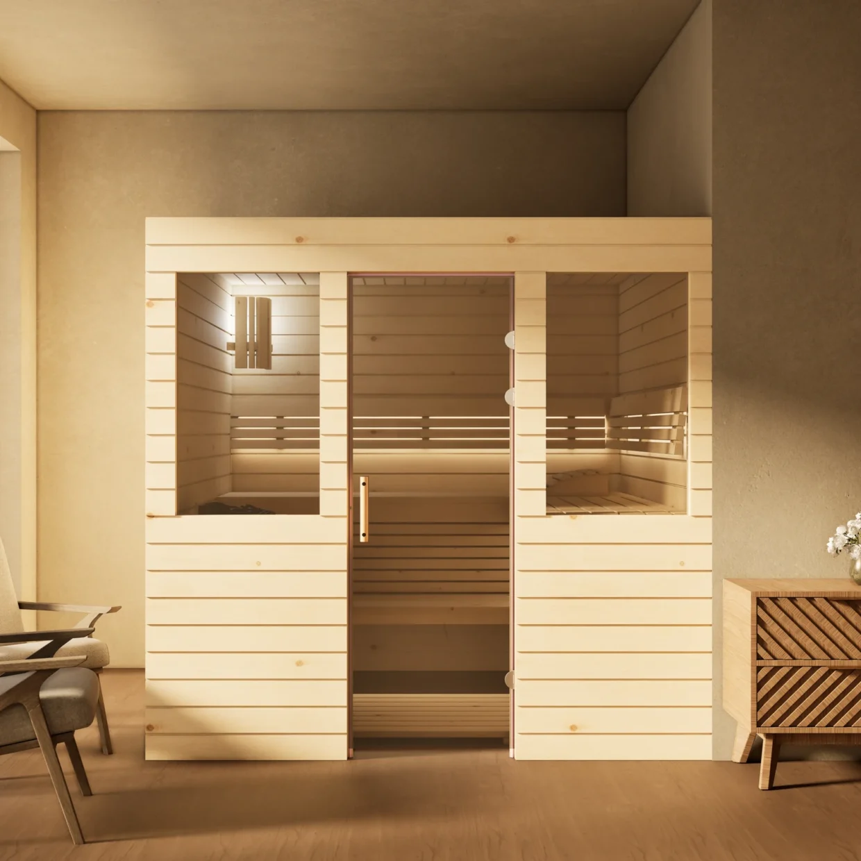 Sauna Venus 2 Fenster Profilholz Zirbe im Wohnraum, Gesamtansicht