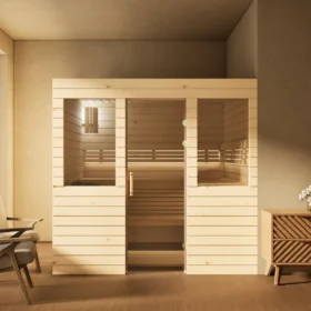 Sauna Venus 2 Fenster Profilholz Zirbe im Wohnraum, Gesamtansicht