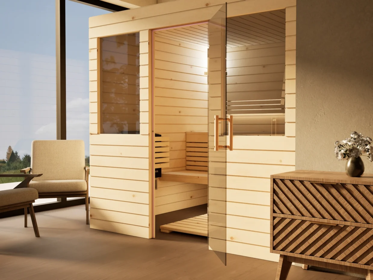 Sauna Venus 2 Fenster Profilholz Zirbe mit geöffneter Glastür