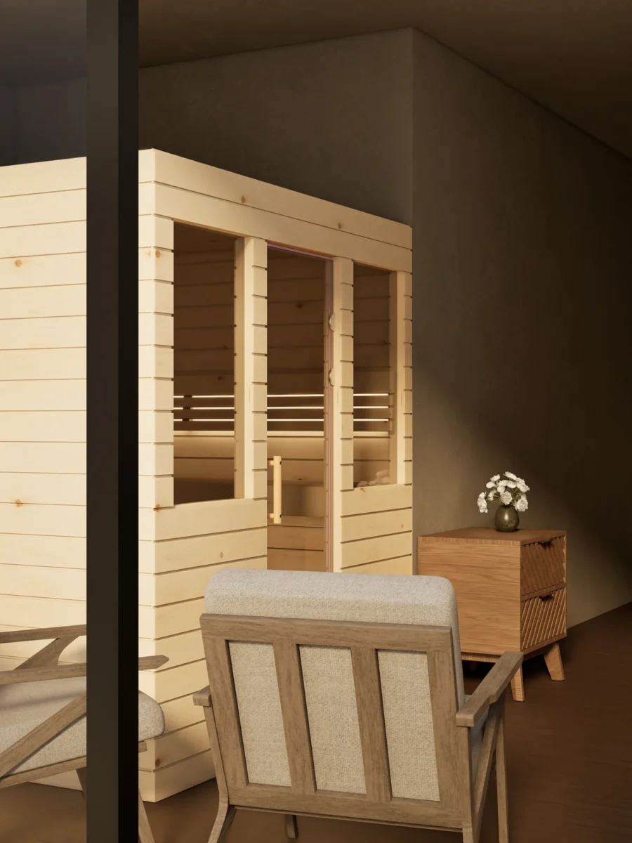 Sauna Venus 2 Fenster Profilholz Zirbe von der Seite im Wohnraum