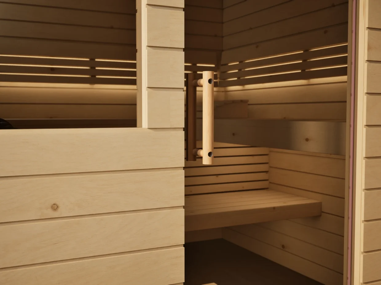 Klarglastür mit Holzgriff an der Sauna Venus 2 Fenster Profilholz Zirbe