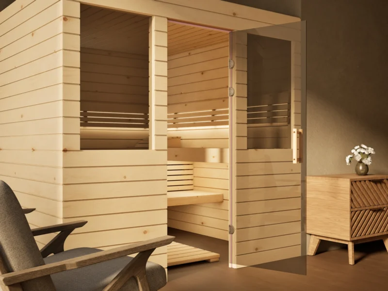 Sauna Venus 2 Fenster Profilholz Zirbe, Glastür mit Bändern, Kabine ohne Saunaofen