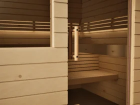 Klarglastür mit Holzgriff an der Sauna Venus 2 Fenster Profilholz Zirbe, Kabine ohne Saunaofen