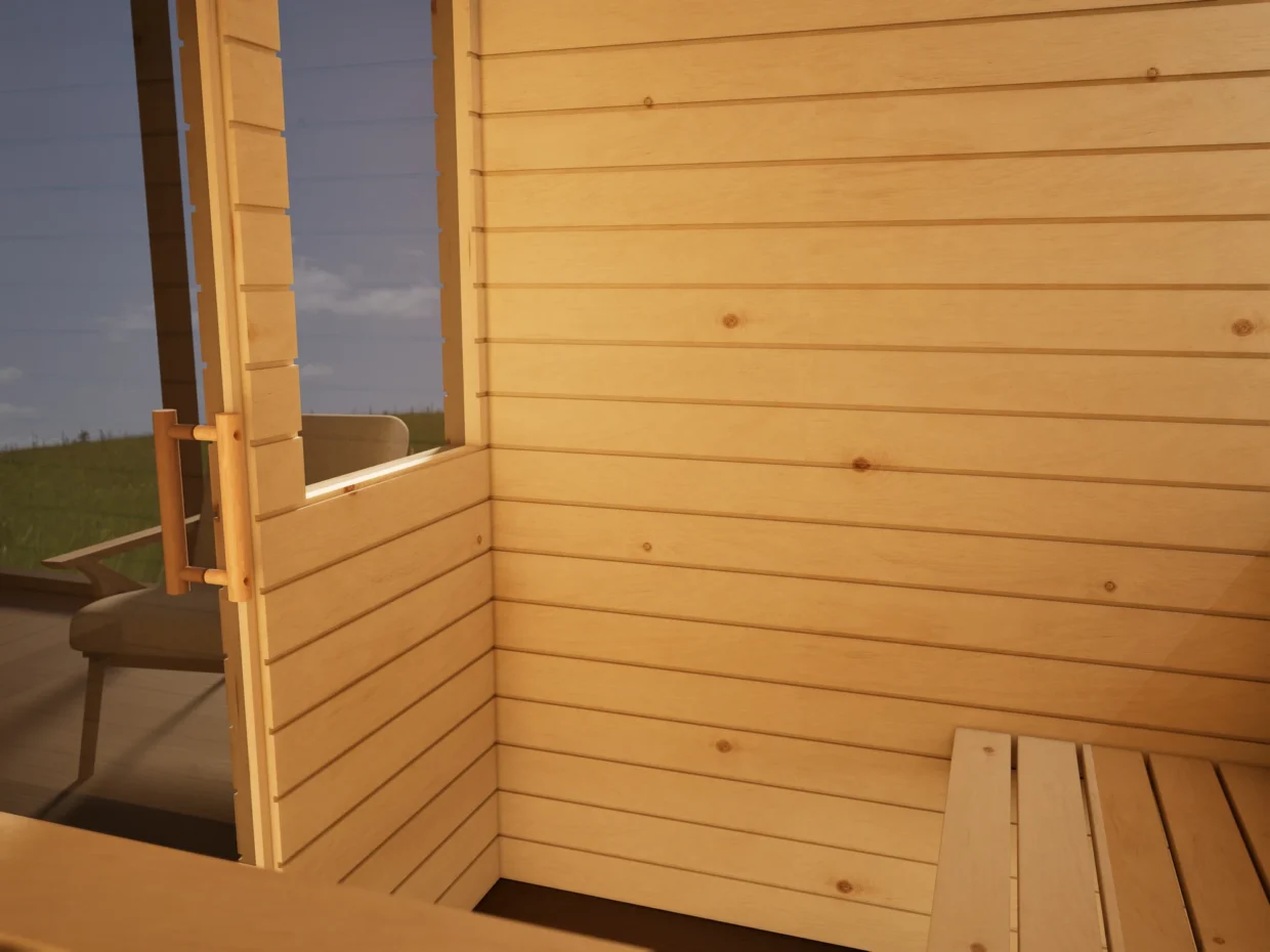 Innenraum der Sauna Venus 2 Fenster Profilholz Zirbe mit freiem Ofenplatz