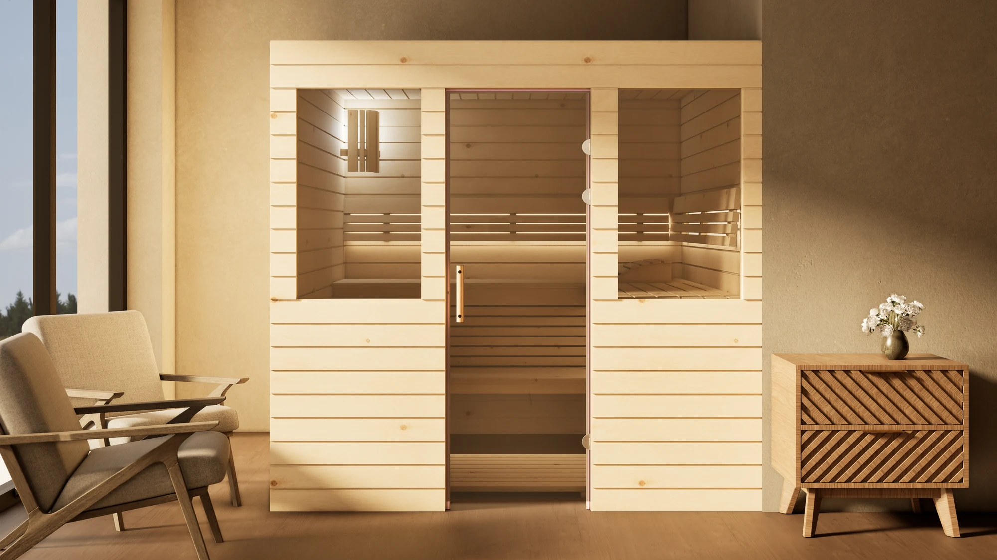 Sauna Venus 2 Fenster Profilholz Zirbe im Wohnraum vor der Fensterfront