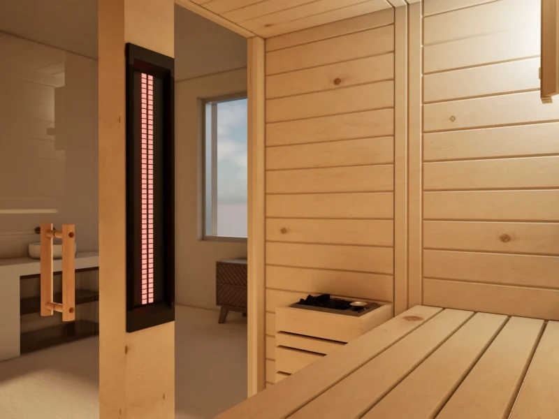 Innenansicht der Sauna Amara Massivholz Zirbe mit Infrarotstrahler, Saunaofen und Liege