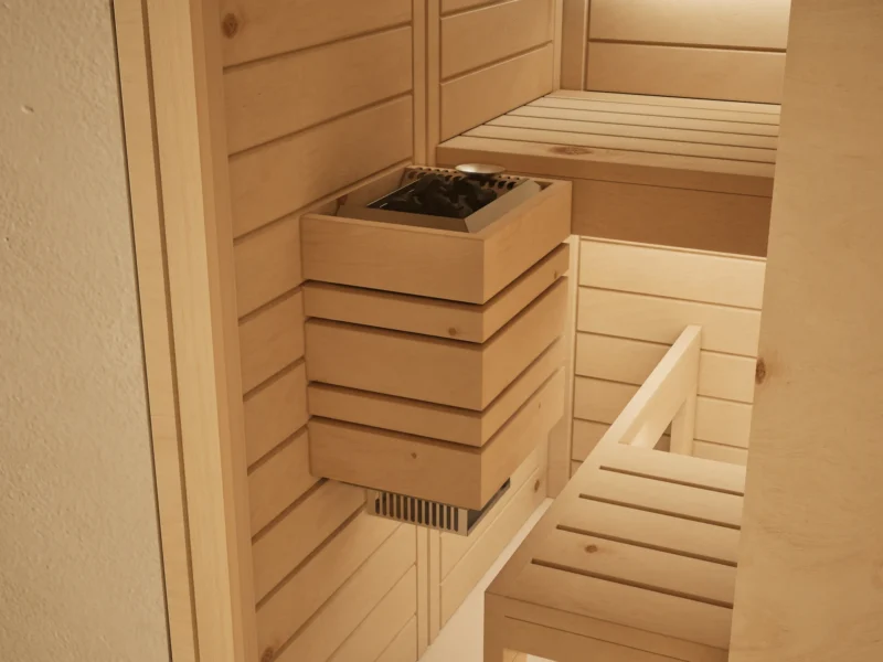 Blick in die Sauna Amara Massivholz Zirbe mit Saunaofen