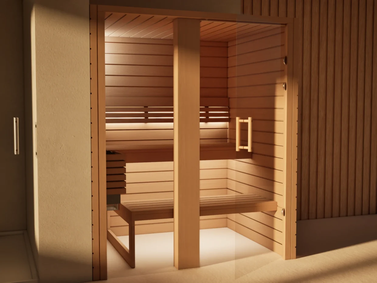Sauna Amara Profilholz Erle mit geöffneter Glastür