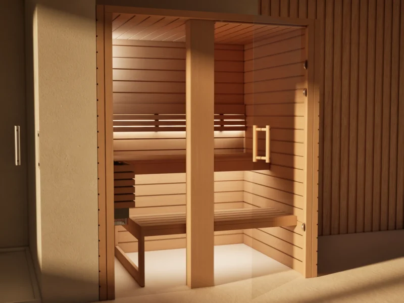 Sauna Amara Profilholz Erle mit geöffneter Glastür