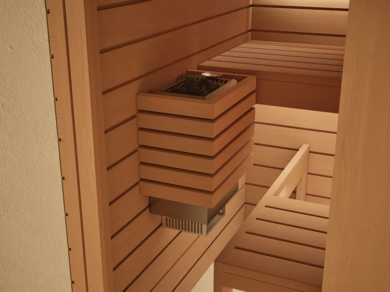 Blick in die Sauna Amara Profilholz Erle mit Saunaofen und Ofenschutzgitter