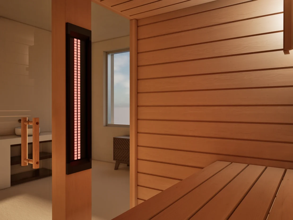 Sauna Amara Profilholz Erle, Seitenansicht innen: Infrarotstrahler neben der Glastür